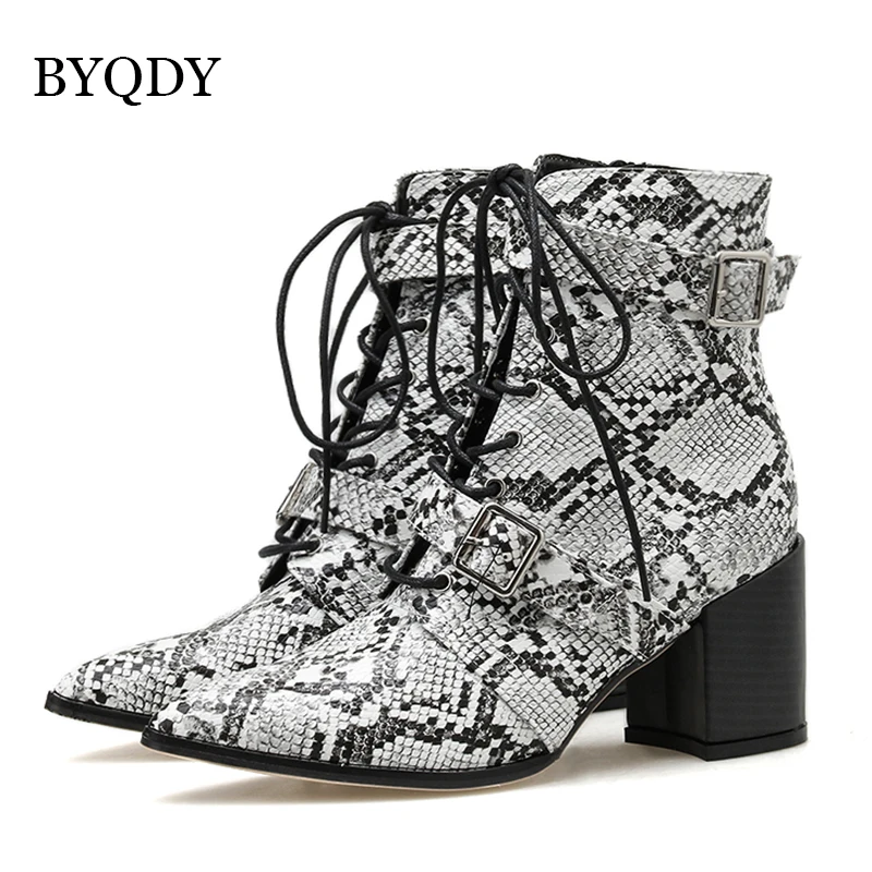 BYQDY Snake Print Women High Heel Ankle Boots Pointed Toe Shoes Lace-Up Cover Heels Square Heels Lady Boots Plus Size 42 Zipper
