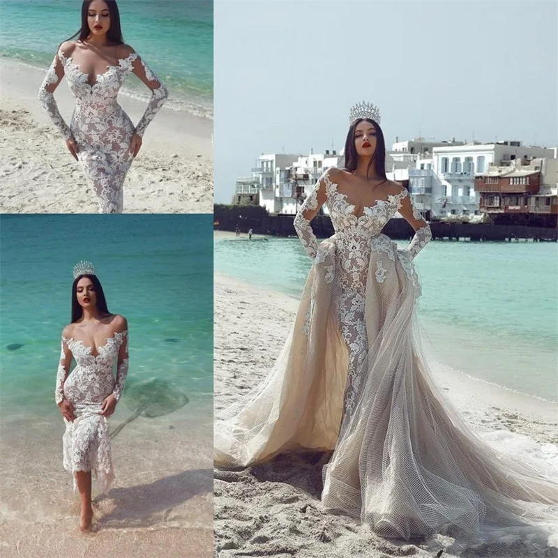 

Boho Mermaid Wedding Dresses With Detachable Train Bridal Gowns Off Shoulder Lace Long Sleeves Beach Robe de mariée