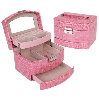 

3 Layers Jewelry Box With Drawers Necklace Jewelry Case With Lock And Key Makeup Mirror PU Leather New