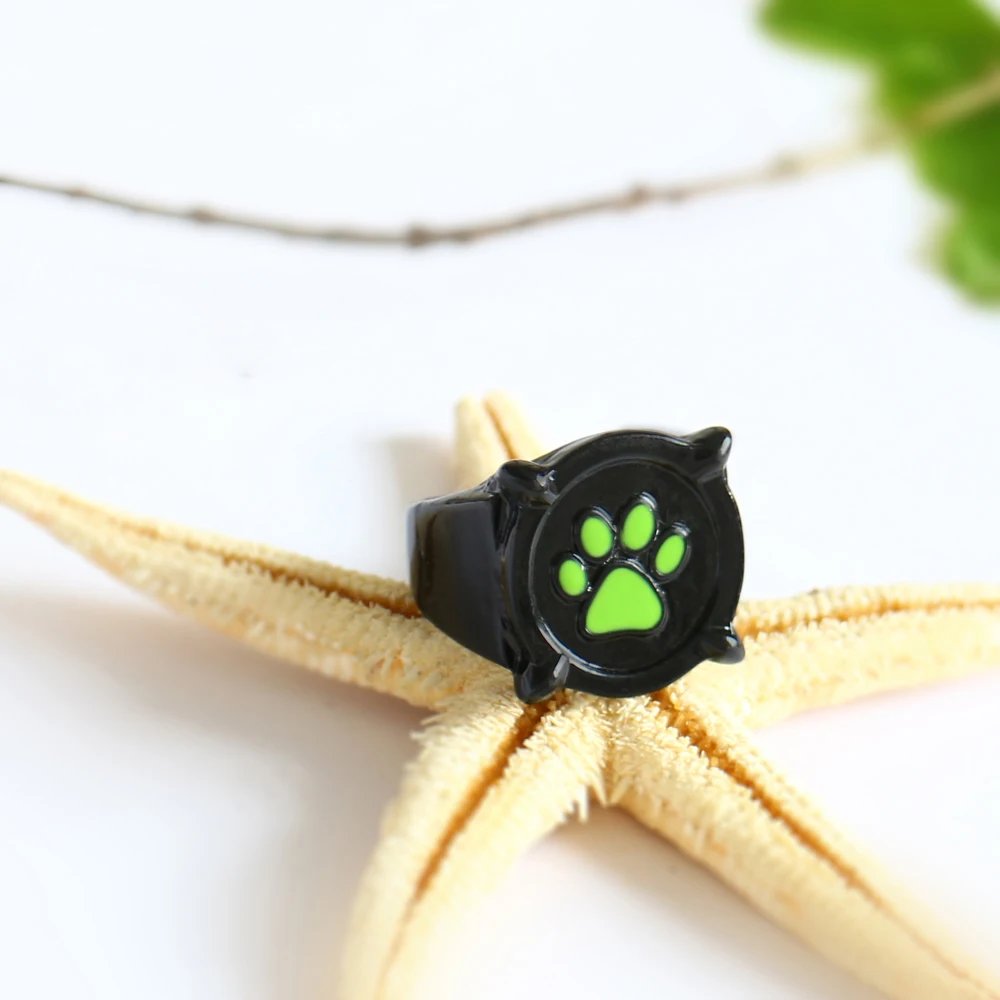 Anime Black Cat Rings Girl Boy Green Print Enamel Cat Paw Finger Ring Cosplay Jewelry Party Kids Men Women Ring Birthday Christm