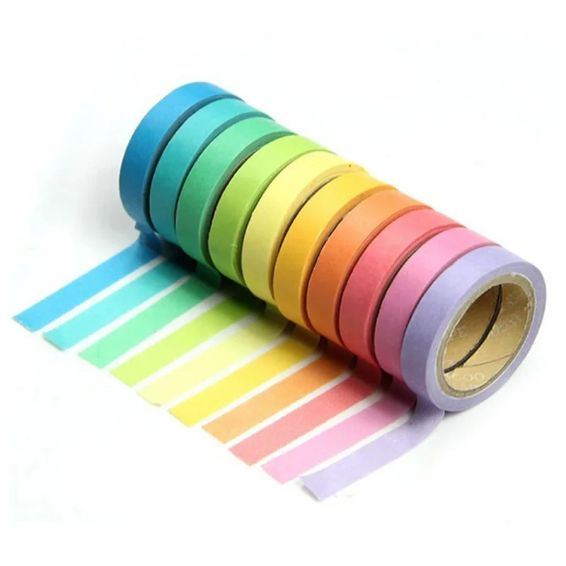 Free Shipping 10 Pcs/Set Rainbow Solid Color Masking Washi Sticky Paper Tape Adhesive Scrapbooking Deco Masking Washi Tape