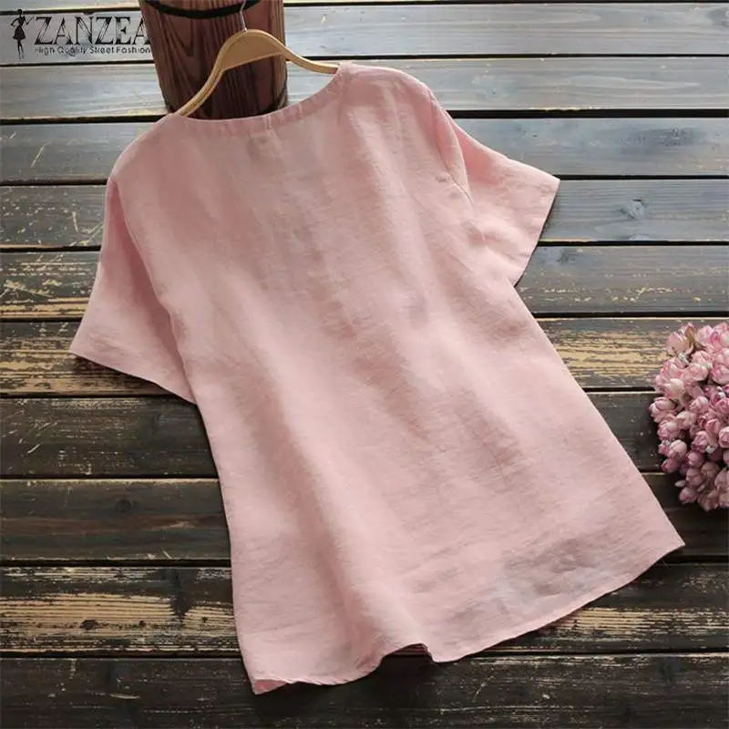 ZANZEA Summer Vintage Buttons Short Sleeve Shirt Women V neck Cotton Linen Blouse Robe Femme Work T