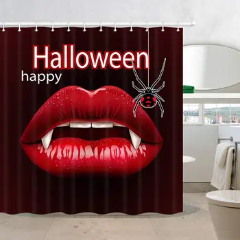 

Horrible Halloween Spider Fabric Shower Curtains, Sex Vampire Woman Red Lips with Fangs, Polyester Waterproof Halloween Party