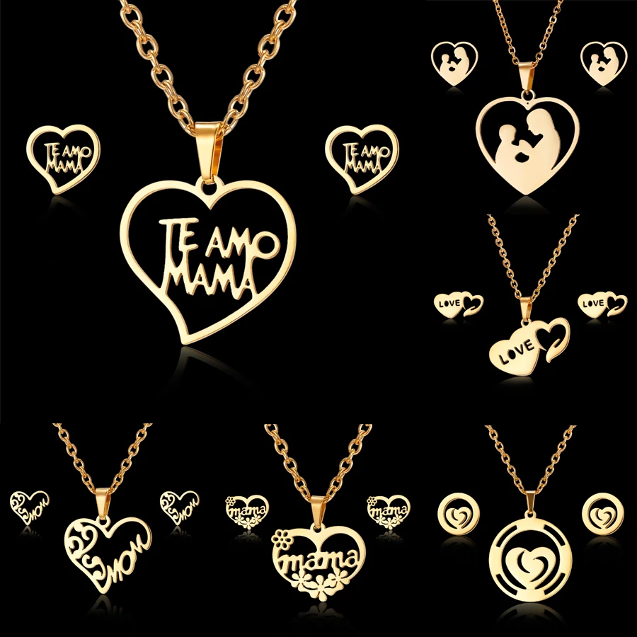 Jewelry Sets Mother's Day Gift Stainless Steel Mama Love Heart Rose Flower Pendant Necklace Earrings Mom Thanksgiving Gift