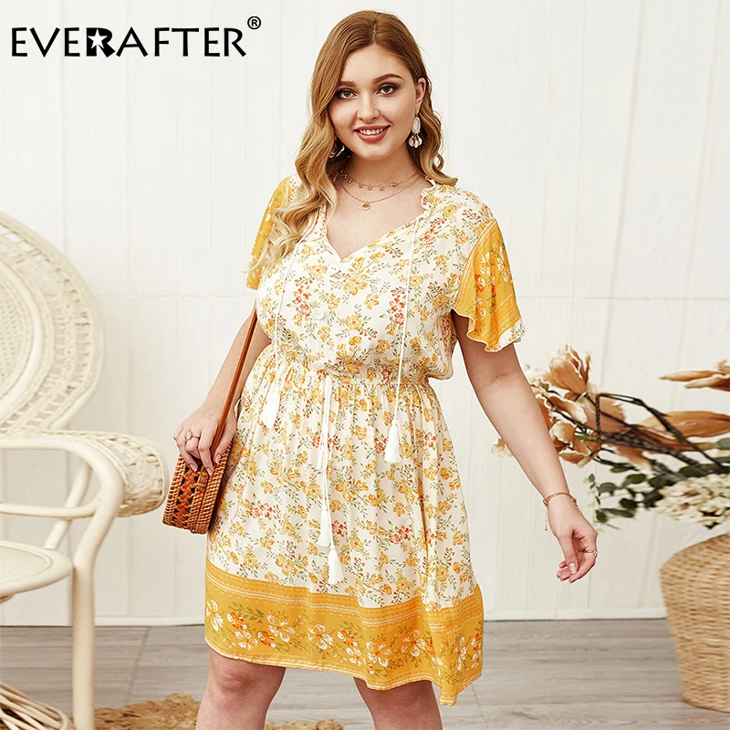 

EVERAFTER Plus Size Draped Floral Print Drawstring Dress Women 2020 Summer V-neck High Waist Elegant Female Boho Midi Dresses