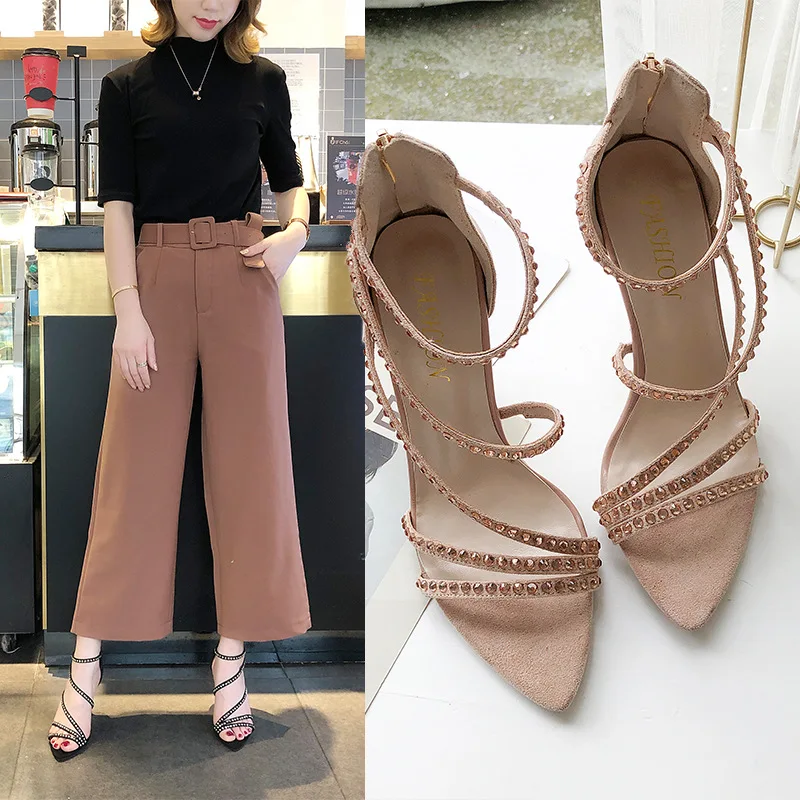 

Summer New Style Thin Heeled Pointed-Toe Open Toe Europe And America Man-made Diamond Sandals Women's Sexy High Heels Suede Fash
