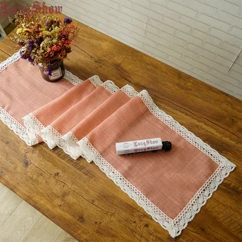 

Home Decorative 30x80cm 30x180cm Lovely Orange Colour Polyester Linen Mesh Fabric Table Runner With Cotton Lace Border