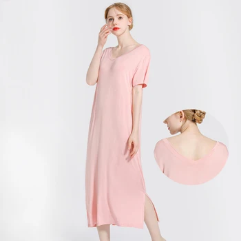 

New 2020 Long V-neck Modal Nightgown Summer Thin Section Short Sleeve Women's Large Size Slimming-Outer Wear Simple Home Wear
