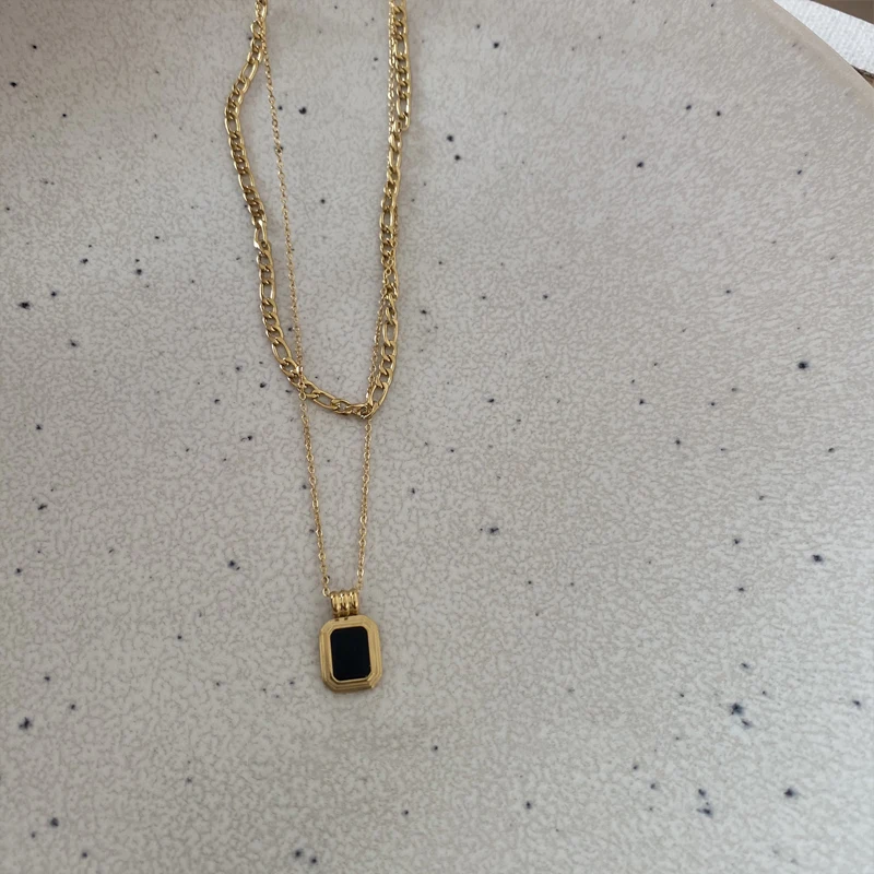 Peri'sBox Double Layered Square Black Shell Necklaces Flat Figaro Chain Necklaces for Women Vintage Titanium Steel Necklace - Image 6