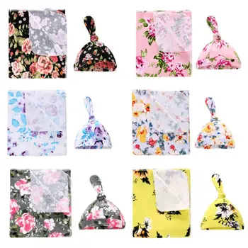 

Newborn Baby Cart Blanket Hat Set Cotton Printing Infant Swaddling Wrap Cap Baby Blanket Hat