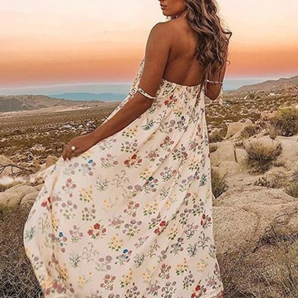 

Floral Print Maxi Dress Spaghetti Strap Thigh Split Backless Loose Long Dress 2019 Summer Women Casual Vintage Bohemian Dresses