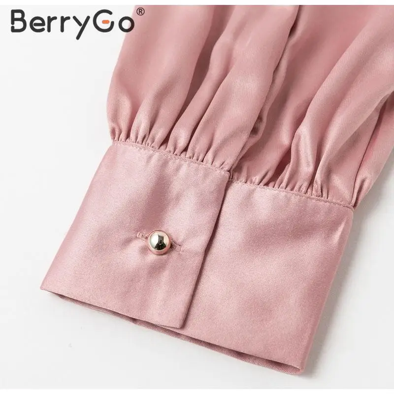 BerryGo Офисная Женская блузка с завязками на шее, рубашка на лето и весну, блузы с длинным рукавом, элегантная рабочая одежда с бантом, Женский Топ, розовые Блузы