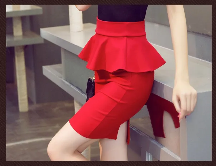 4XL 5XL размера плюс Пеплум Офисная Женская юбка с оборками Женская Сексуальная мини-юбка карандаш с разрезом красная черная юбка Saias Sociais A1