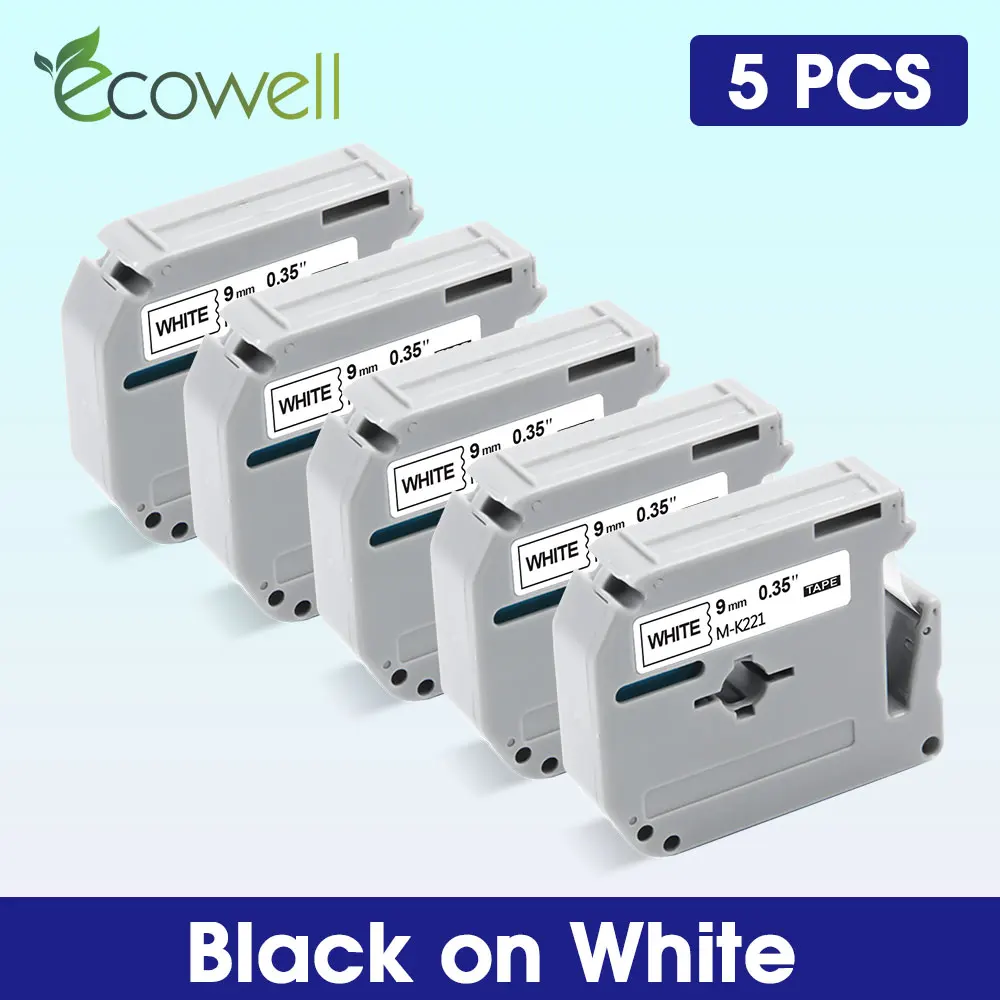 Ecowell 5x Черный на белом MK221 MK-221 кассета этикеток 9 мм mk-221 mk 221 этикеточная лента