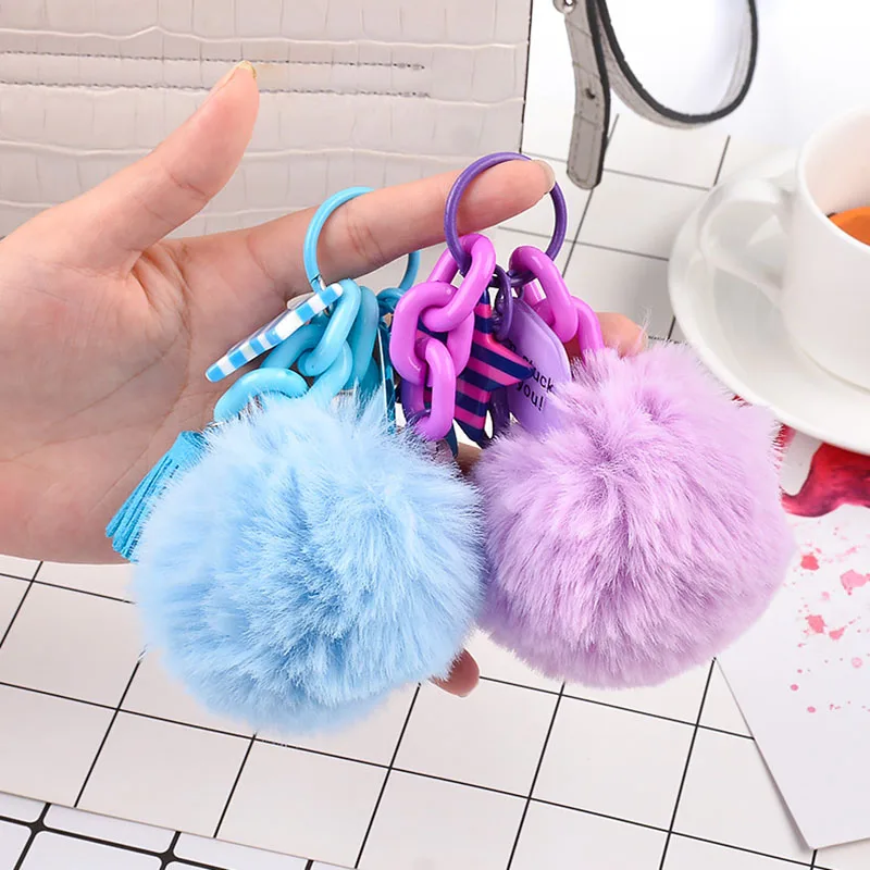 Fluffy Black Red Pompom Faux Rabbit Fur Ball Keychains Plastic Star Key Rings Key Holder Trendy Jewelry Bag Key Chain Gift