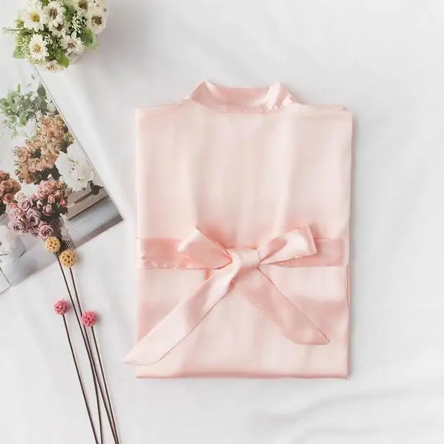 Light Pink Банный халат ночная рубашка атласное кимоно для невесты халат платье для женщин сексуальная ночная рубашка с вышивкой ночное белье - Цвет: Light Pink