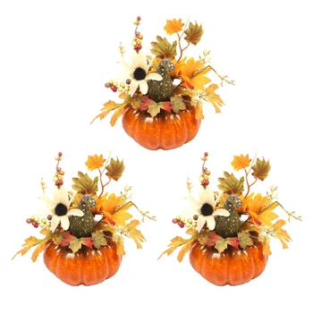 

3 Pack Artificial Pumpkins with Flowers,for Decoration,Fake Pumpkins,Christmas Wedding Party Ornaments Table Decor
