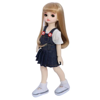 

1/6 BJD Doll Jeans Skirt Dress Girl Rita Set with Wig Shoes Fashion Educational Toys Gifts - Brown Eyeball + Natural Pink Skin