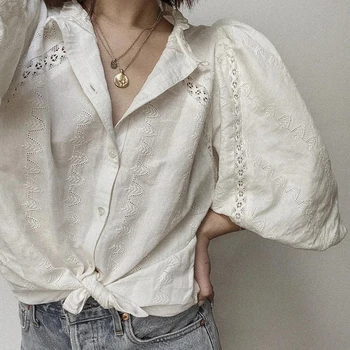 

Romantic Lace hollow out women shirt 2020 new lantern sleeves wild temperament ladies shirt white shirt top