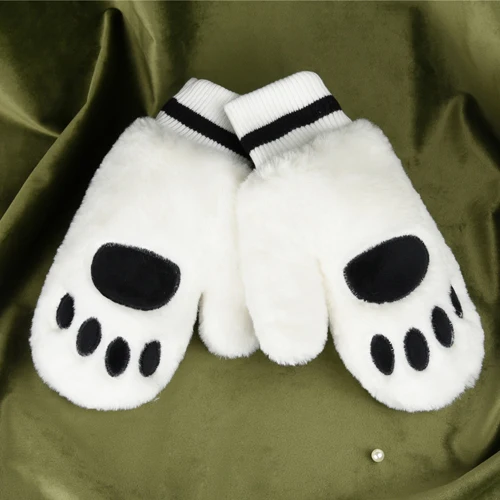 New Winter Gloves Women Mittens Bear Claw Rabbit Velvet Inside Arctic Velvet Thickened Dual-layer Hang on Neck Type Mittens - Цвет: Белый