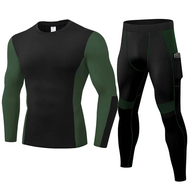 

Men GYM Suits Compression Sports Fitness Sets Workout Exercise Jogging Hiking Top Long Tee Shirt + Running Tights Tracksuit 0819