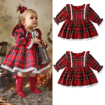 

Toddler Kid Baby Girls Christmas Dress Xmas Red Ruffles Plaid Pageant Party Princess Tutu Dress