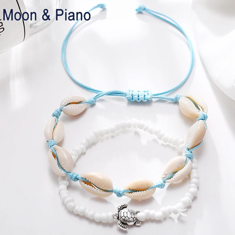 

2 piece set Women Boho Ocean Beach White Beads Turtle Anklets Adjustable Occident Bohemian Mussel Sea Shell Cowrie for Female