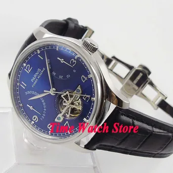 

Parnis watch 43mm Blue dial date power reserve deployant clasp movement Automatic Men's watch 547 relogio masculino