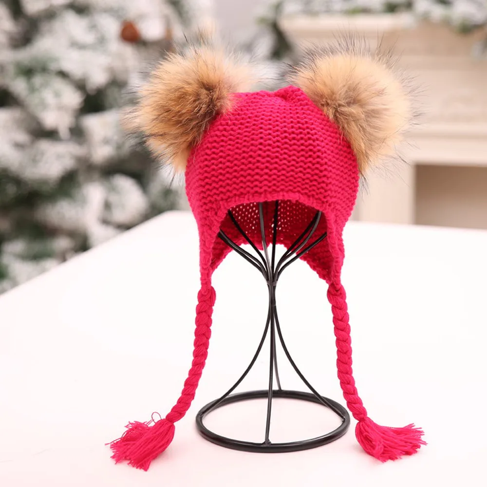 Hot Pink Детская трикотажная шапка с плетеными ушками для малышей, мешковатая теплая вязаная шерстяная шапка s для детей, шапки-бини, аксессуары 11,5 - Цвет: Hot Pink