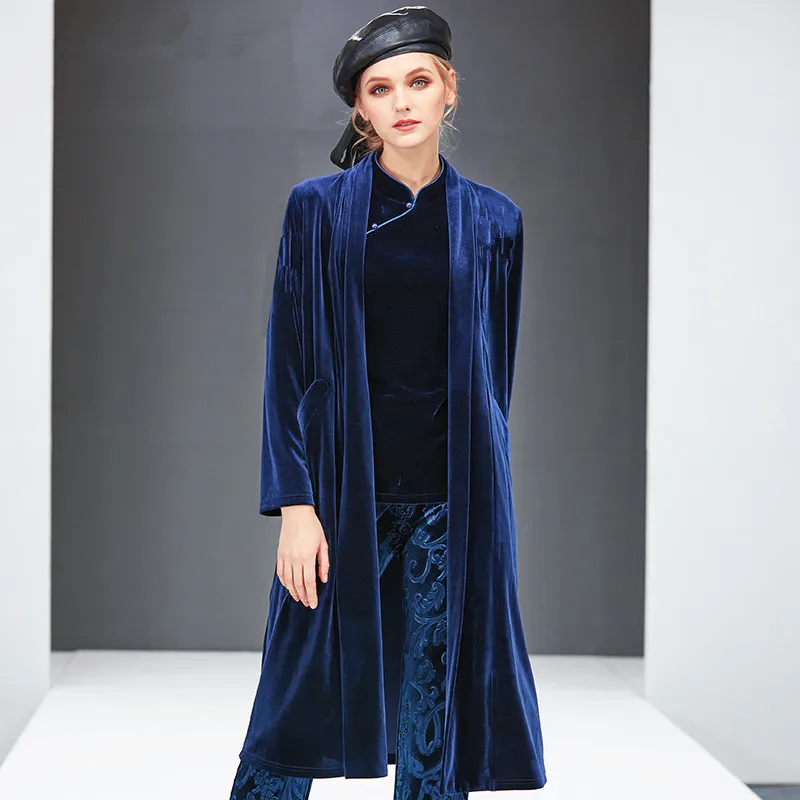 Английский стиль женские большие размеры Осень Зима длинное велюровое пальто женская верхняя одежда бархатные кардиганы 6XL 7XL 8XL большой размер Тренч - Цвет: Синий