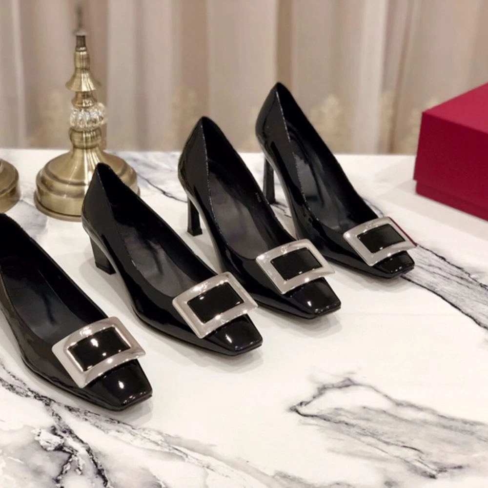 

Chueyz Patent Leather Square Toe Mid Heel Women's Pumps Shoes Slip On Shallow Cow Leather Shoes For Women Top Quality Women Shoe