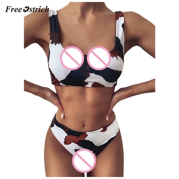 

Free Ostrich Sexy Underwear Women Cow Print Biquini Set Two Piece Underwear Push-up Bra High Waist Panties Women Bathing Suit