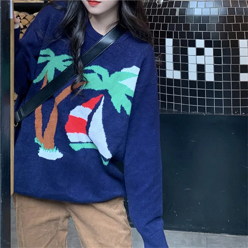 RUGOD, вязаный свитер с кокосовой пальмой, Свободный пуловер, джемпер, Зимние Топы для женщин, трикотаж, корейский стиль, женские свитера