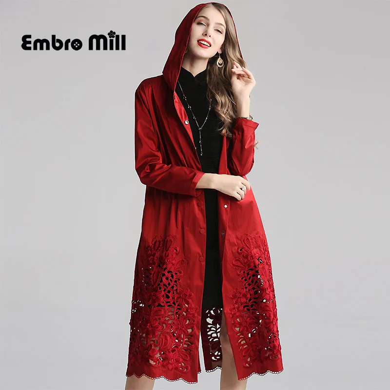 

Autumn And Winter Hooded Windbreaker Coat Streetwear style Hollow embroidery Single-breasted Long sleeve Slim woman Coat M-3XL