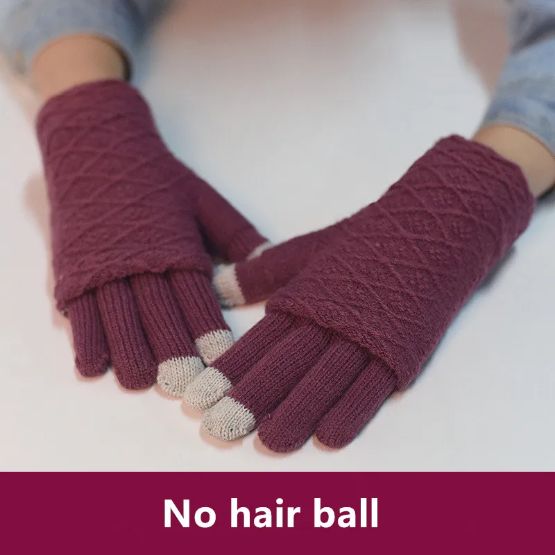No Hair ball-Red Перчатки для сенсорного экрана женские зимние теплые двухслойные отделяемые перчатки без пальцев женские кроличьи Меховые помпоны варежки Gants Femme - Цвет: No Hair ball-Red
