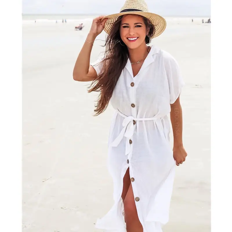 Coverups White Cotton Tunic Summer Women Beach Wear Bath Dress Casual