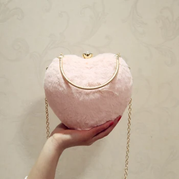 

1 PC Heart-shaped Fur Bag Women Winter Wool Dress Banquet Plush Clutch Crossbody Messenger Shoulder Bag Girls Pouch Fashion New
