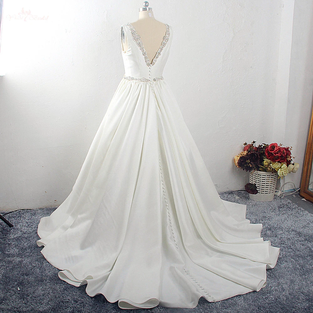 RSW1568 Yiaibridal настоящее свадебное платье на заказ, элегантное атласное свадебное платье с поясом, а-образной линией, пуговицами сзади, глубоким v-образным вырезом