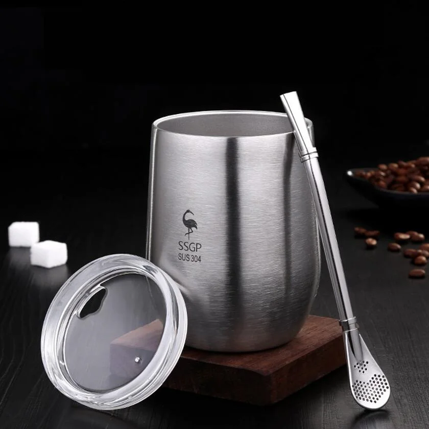 Yerba-taza de té Mate de doble pared, taza de acero inoxidable 304 con tapa, resistente al calor, portátil, con paja y cepillo