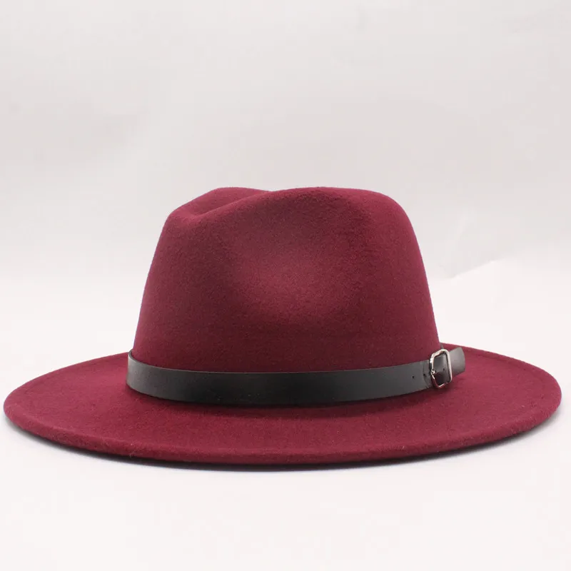 Winter Autumn Black Men Wool Fedora Hat Wide Brim Women Imitation Woolen Ladies Fedoras Jazz Hat Belt Caps Bowler Felt Hats - Цвет: 1