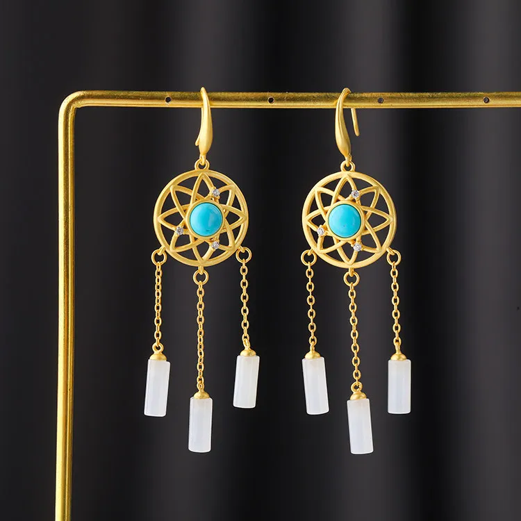 

CMajor S925 Sterling Silver European and American Style Fashion Temperament White Jade Tassel Turquoise Drop Earrings for Women