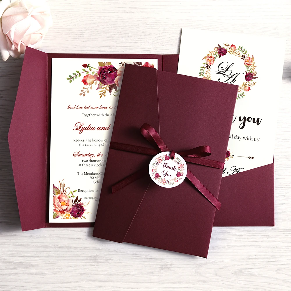 50 шт свадебные приглашения Бордовый синий розовый карманные поздравительные карты с конвертом индивидуальные вечерние с лентой и биркой