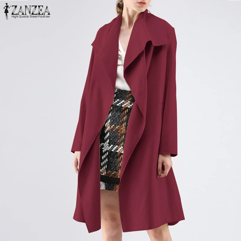 ZANZEA Elegant Women Coat Belted Long Jackets Casual Loose Female Coats Outerwear Fashion Winter Warm Overcoats Plus Size