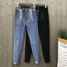 Новые женские модные новые джинсы по щиколотку, Европейский, узкие брюки-карандаш на шнуровке с бантом