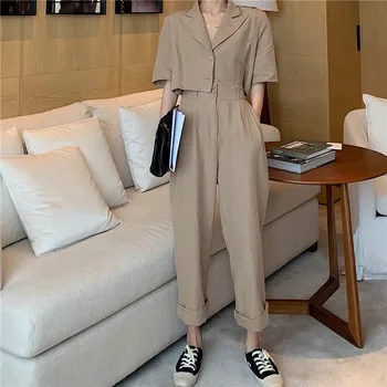 

2020 Korean Women Solid Pockets Loose 2 Piece Set Safari Style Navel Exposed Crop Tops And Pants