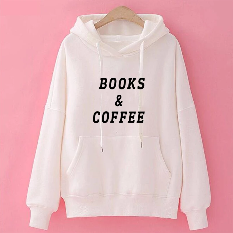Белый Модные Kawaii уличная Толстовка с принтом книги и кофе, толстовки с капюшоном, молодежная одежда, осень-зима, женские пуловеры в стиле хип-хоп, топы - Цвет: Белый