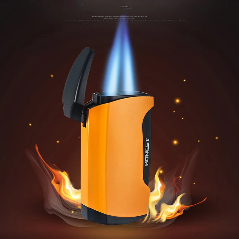  HONEST Metal Cigar Lighter Windproof 2 Blue Jet Flame Cigarette Torch Lighters Butane Gas Lighter R