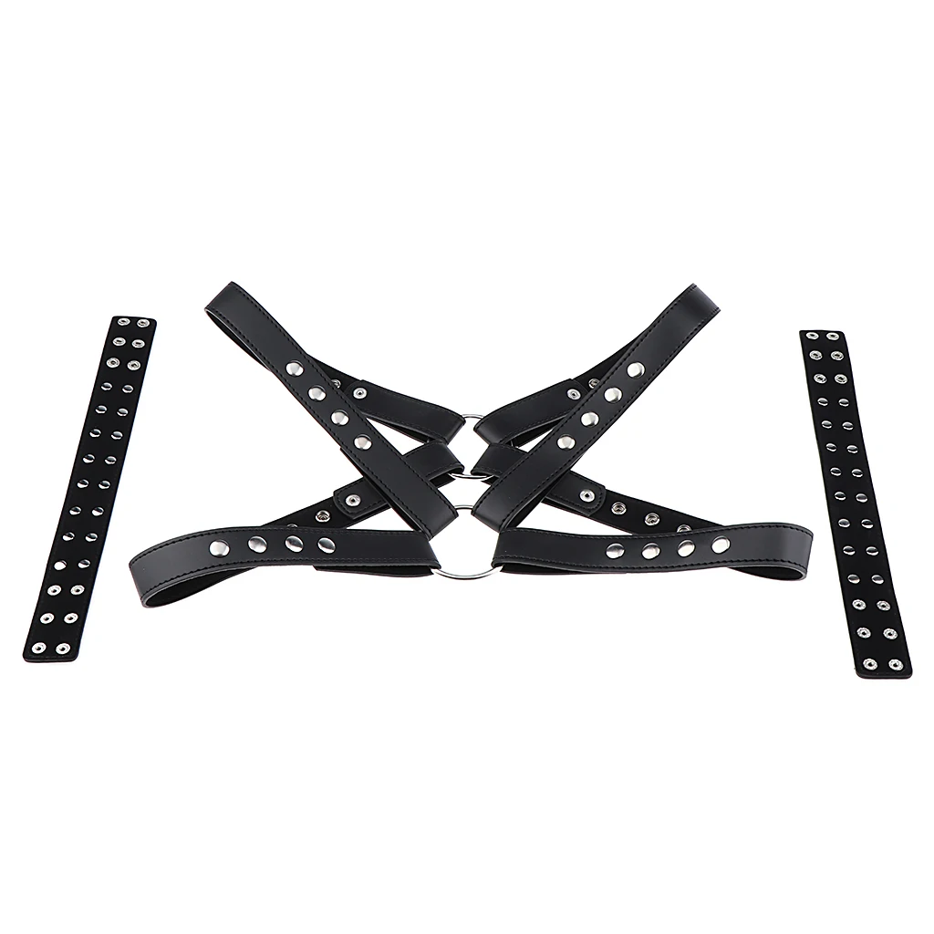 Black Body Chest Harness - Punk Goth Artificial Leather Belt with Buckles Rings for Men Women