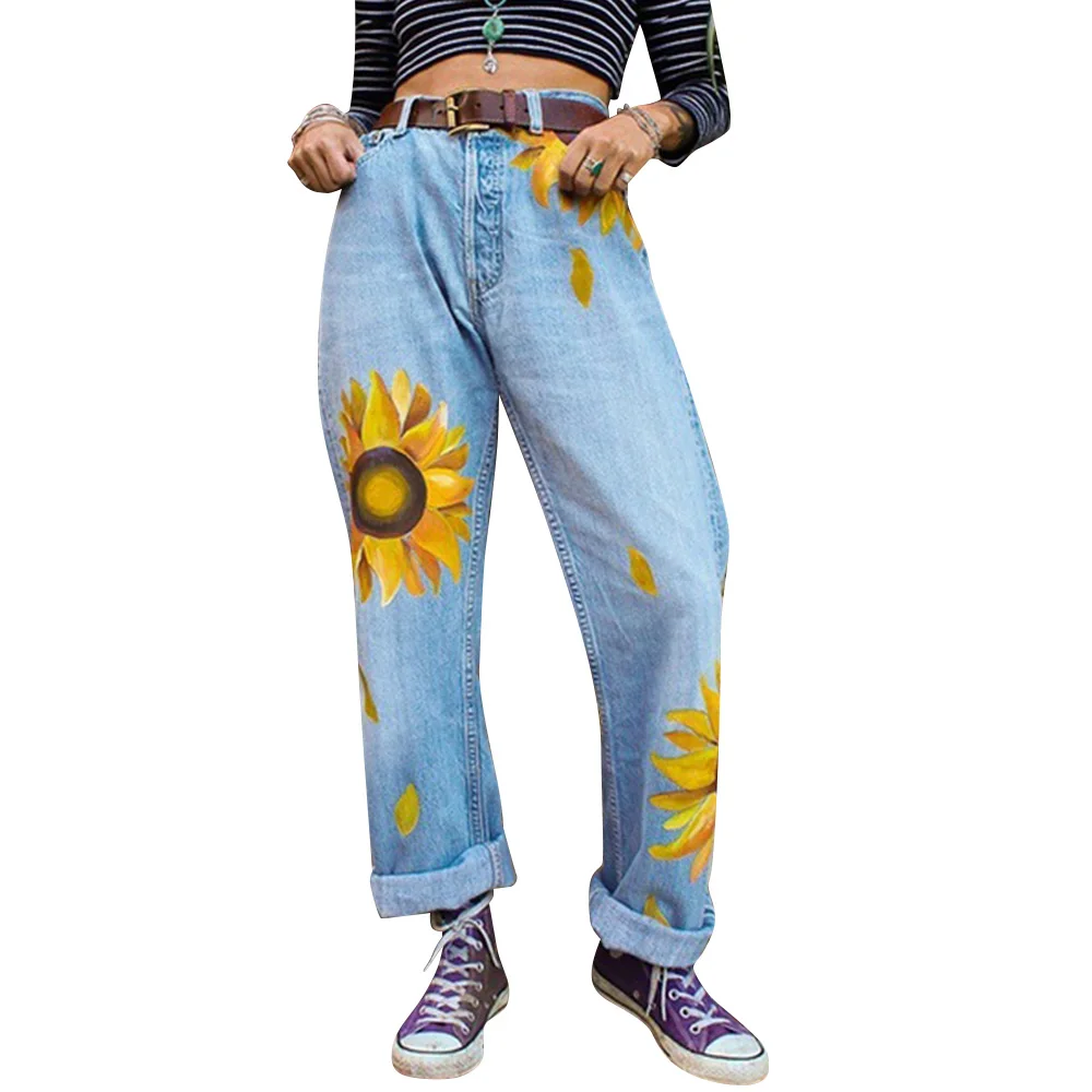 Women Wide Leg Denim Jeans Big Floral Print Boyfriends Jeans Autumn Mid Waist Casual Jeans Femme High Street vaqueros mujer
