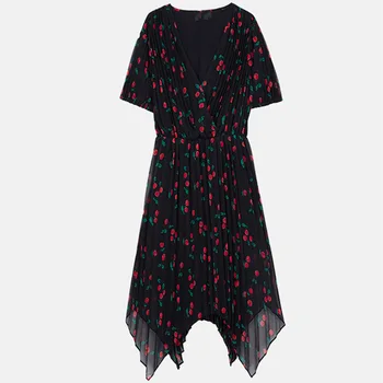 

2020 New Summer Women Cherry Dress Short Sleeve V Neck Irregular Female Sweet Printed Pleated Dresses